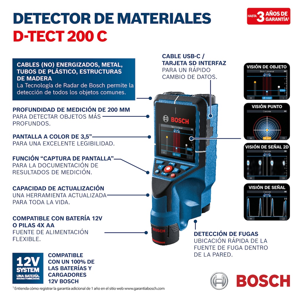 Detector de Materiales hasta 200 mm Bosch D-TECT 200 C