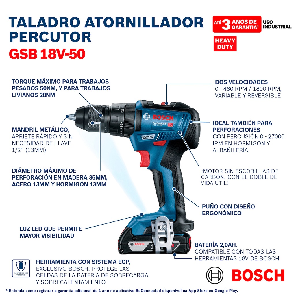 Taladro Percutor/Atornillador inalámbrico Bosch GSB 18V-50 Baretool