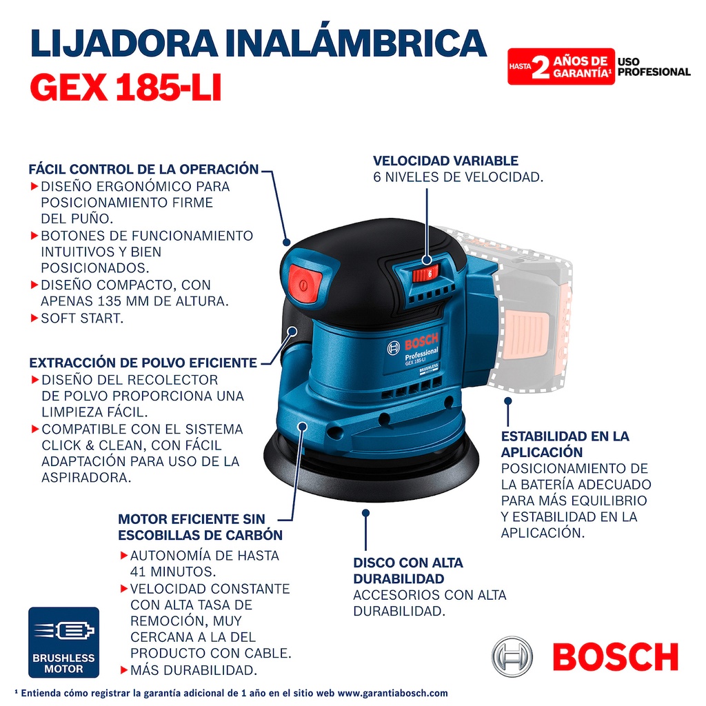 Lijadora roto orbital inalámbrica Bosch GEX 185-LI 18V SB Brushless