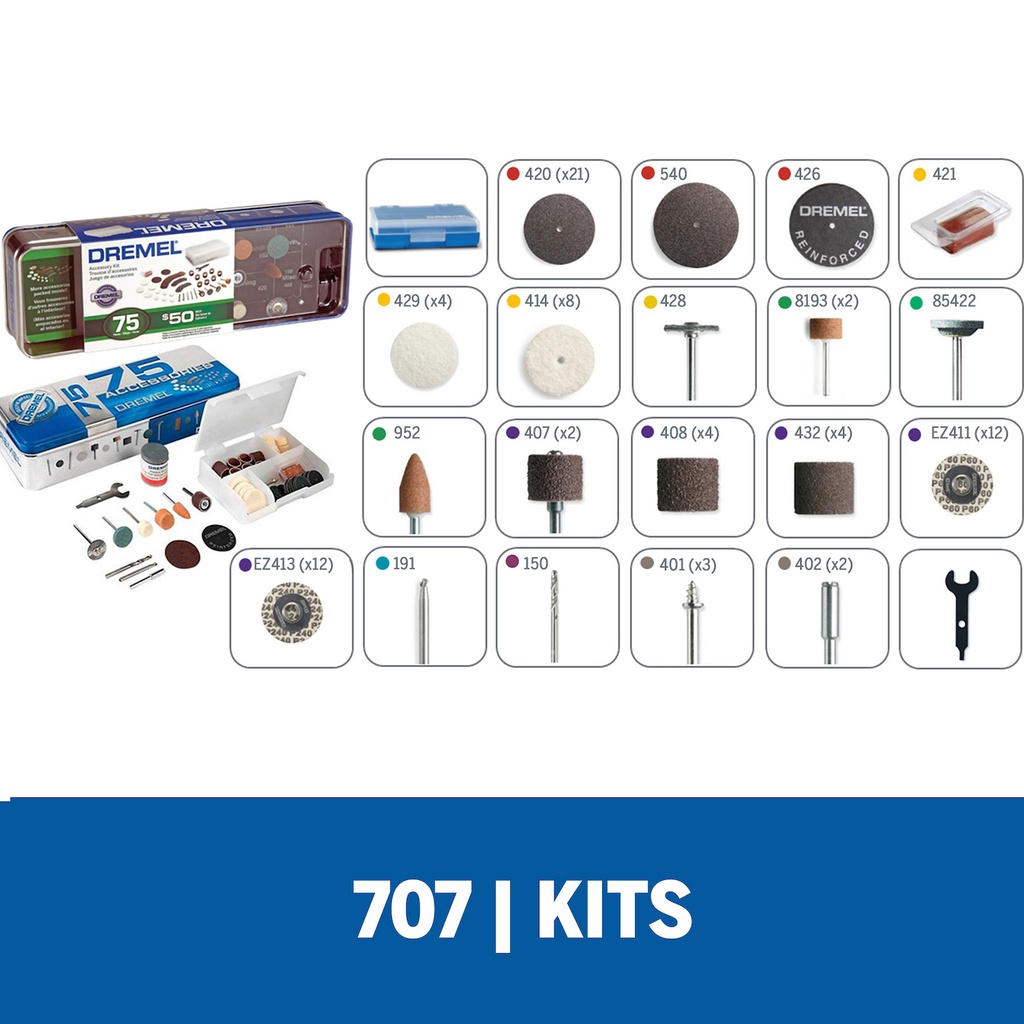 Kit de accesorios para Minitorno Dremel 75 Piezas (Modelo 707)