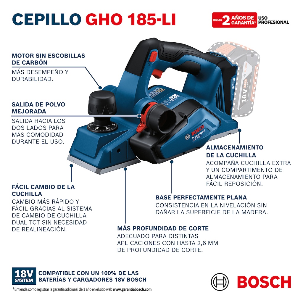 Cepillo inalámbrico Bosch GHO 185-LI 18V Brushless