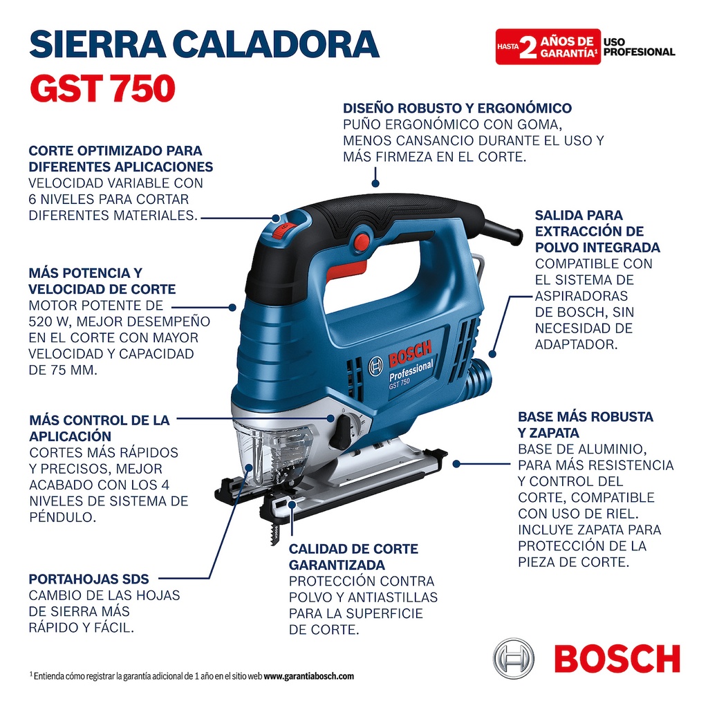 Sierra caladora Bosch GST 750 220V 520W + 1 hoja sierra